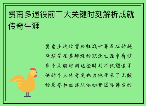 费南多退役前三大关键时刻解析成就传奇生涯