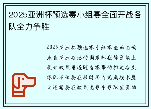 2025亚洲杯预选赛小组赛全面开战各队全力争胜 2025亚洲杯预选赛小组赛全面开战各队全力争胜