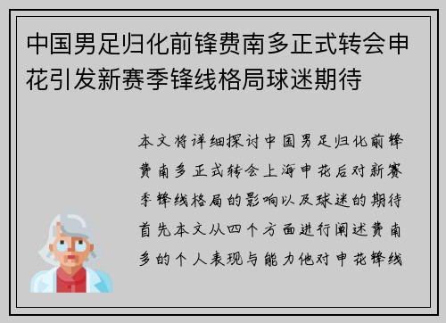 中国男足归化前锋费南多正式转会申花引发新赛季锋线格局球迷期待