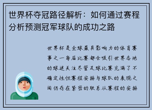 世界杯夺冠路径解析：如何通过赛程分析预测冠军球队的成功之路